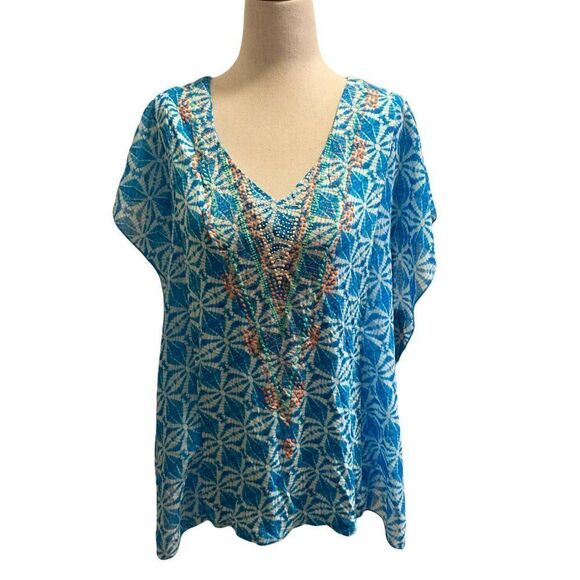 Ruby Rd Blue White & MultiColor Geometric Short Sleeve Blouse Size Medium - Picture 2 of 9